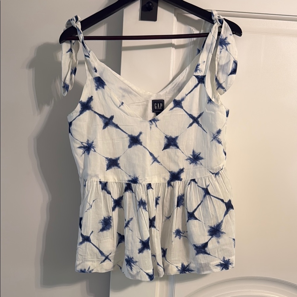 GAP White and Blue Peplum Tie Front Tank Top